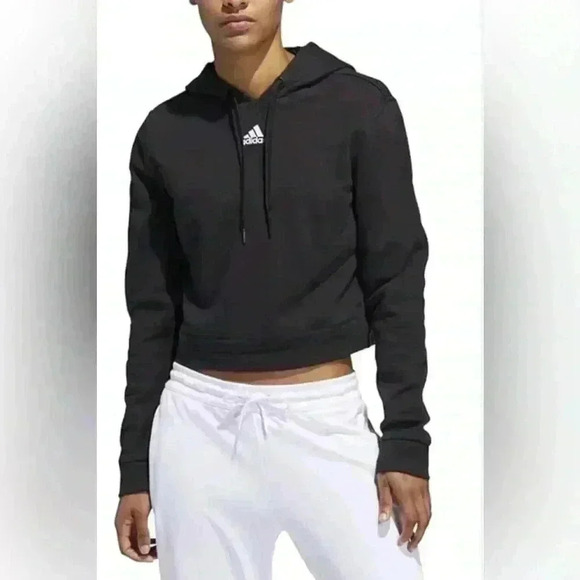 207. Adidas Black Stripped Cropped Hoodie size medium - Picture 1 of 6